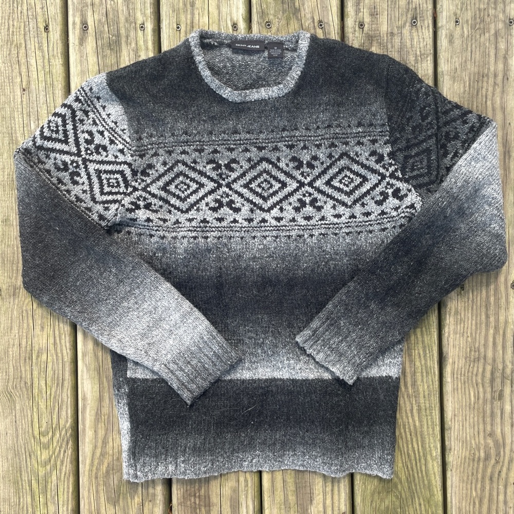 DKNY Grey and black ombré fair isle/aztec patterned crew neck sweater